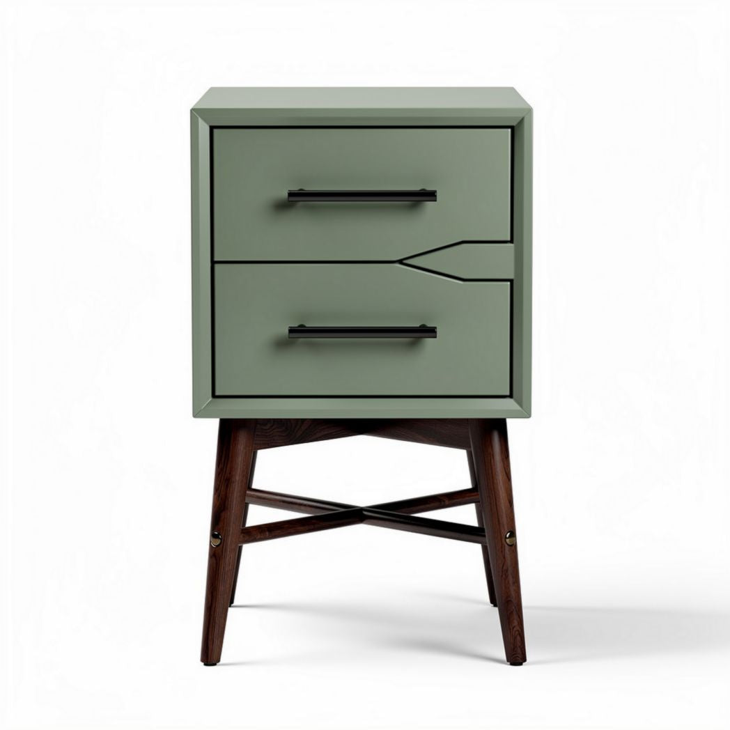 Nachtkastje in groene kleur met twee lades en houten poten 45 x 40 x 60cm