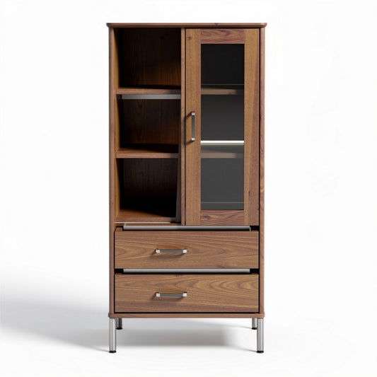 Houten vitrinekast met glazen deur en lades 80 x 40 x 180cm bruin
