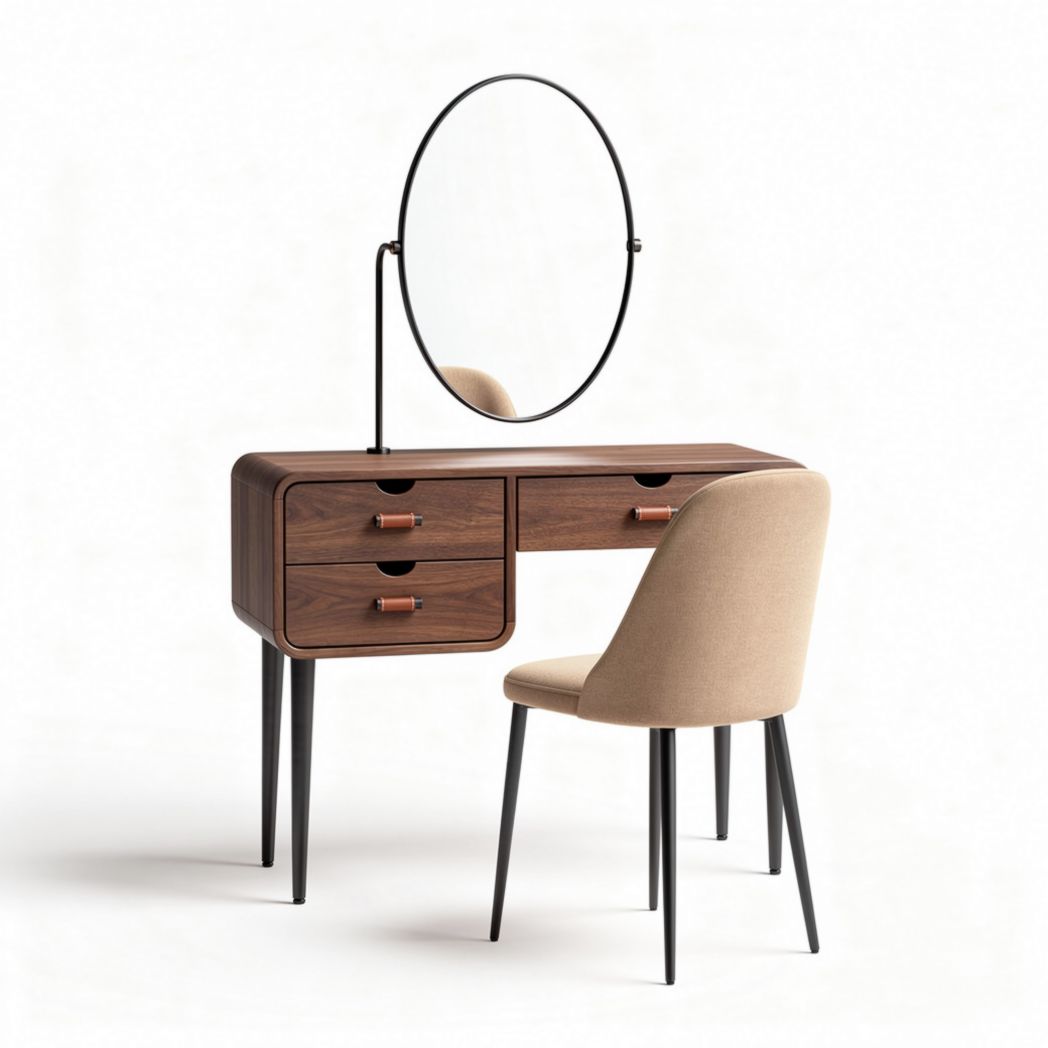 Kaptafel van hout met ronde spiegel en gestoffeerde stoel 75 x 40 x 150cm