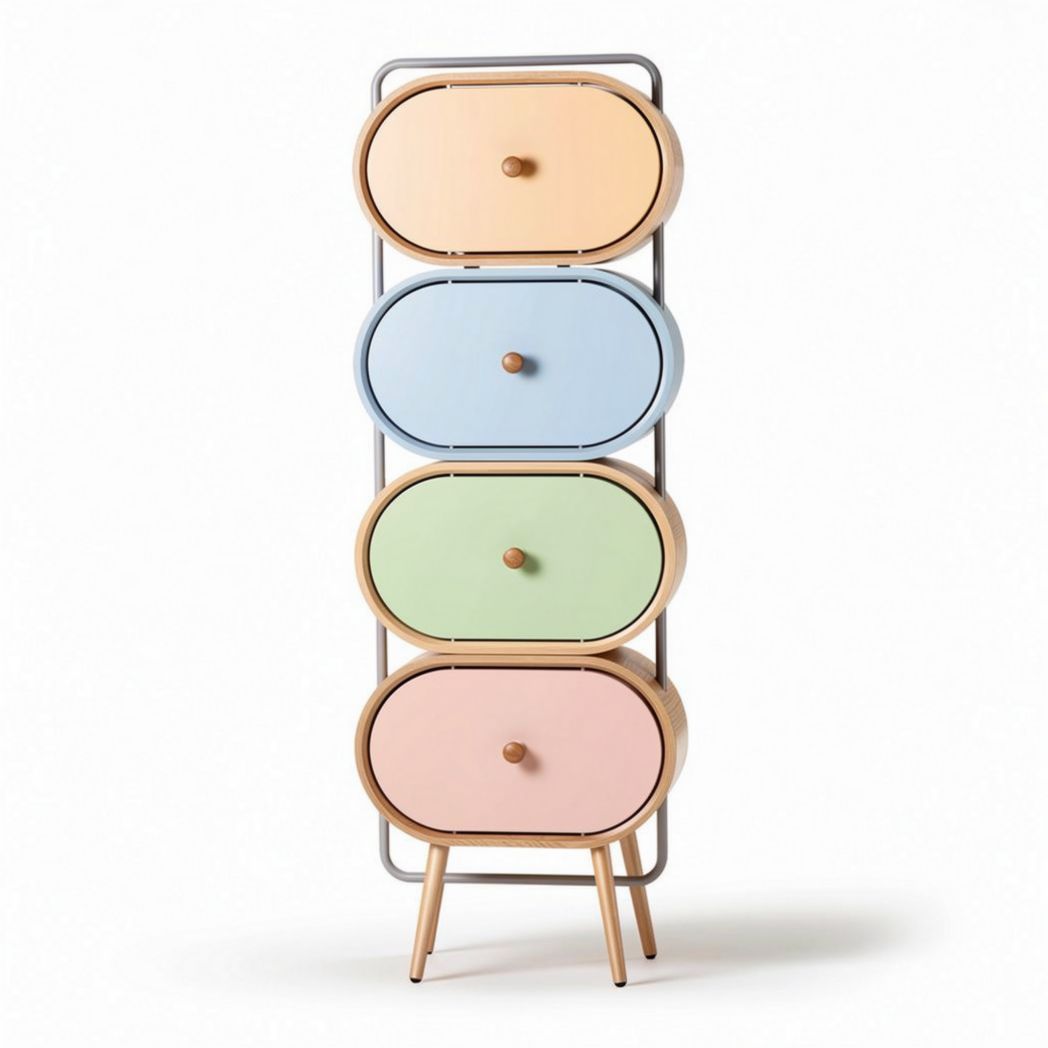 Opbergkast met vier lades in pastelkleuren en houtlook 120 x 50 x 30cm
