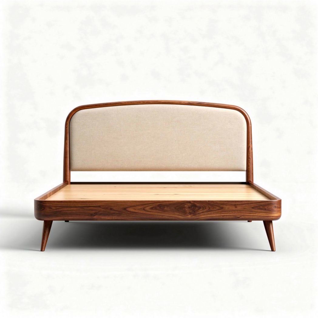 Houten bed met stoffen hoofdeinde 200 x 160 x 100 cm naturel bruin