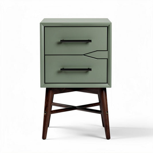 Nachtkastje in groene kleur met twee lades en houten poten 45 x 40 x 60cm